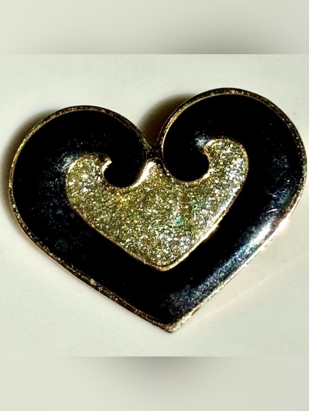 Vintage Black Enamel and Glitter Gold Tone Brooch